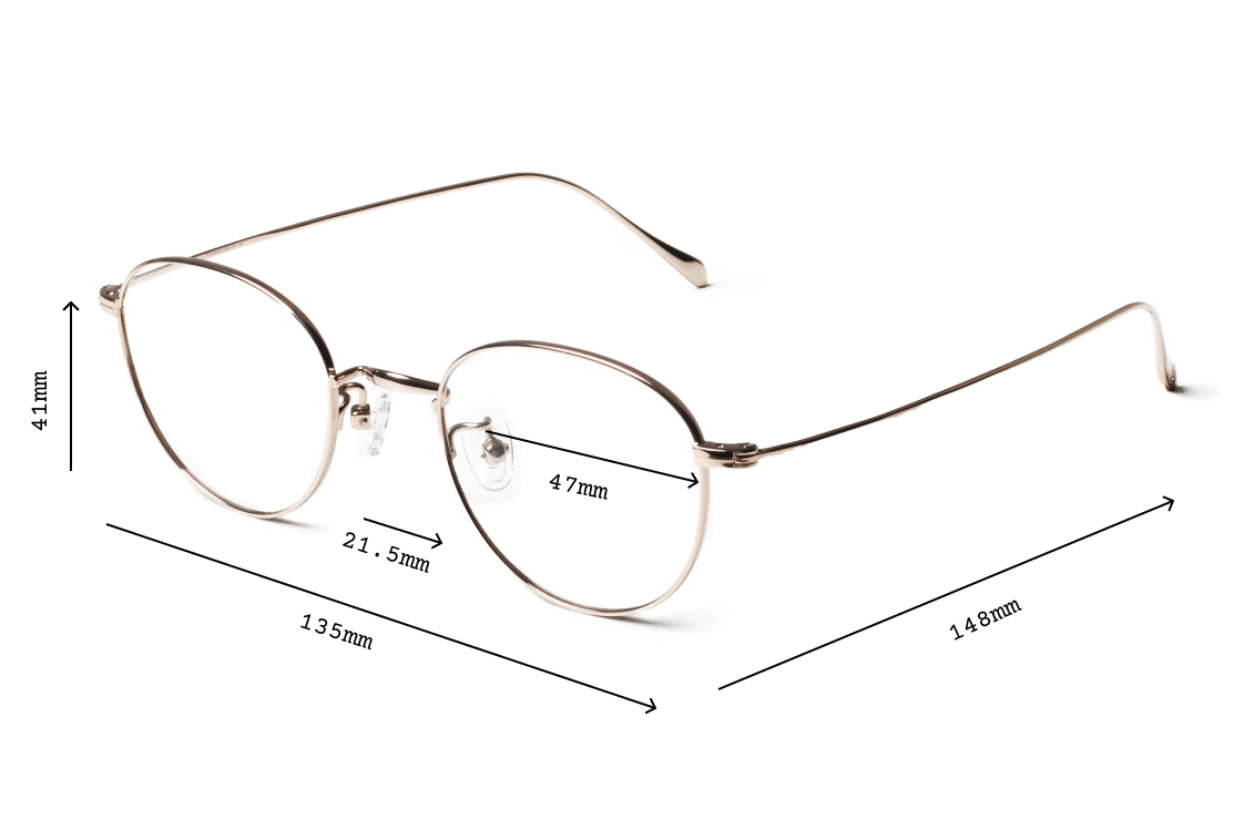 Metal-rimmed eyeglasses with measurements for lens, bridge, temple, and frame height.