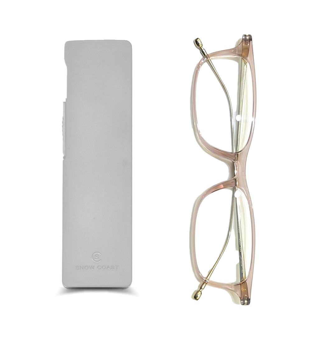 Pair of eyeglasses with pink frames next to a closed gray glasses case.