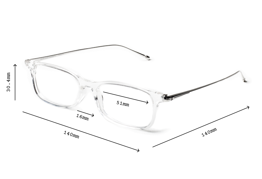 Clear eyeglasses with measurement labels on a white background.