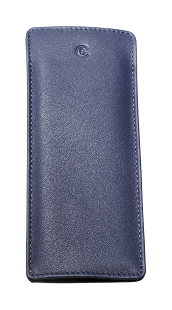 Blue leather pen case with stitching and button detail.