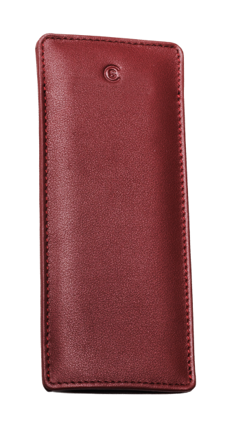 Red leather pen case with stitched edges.