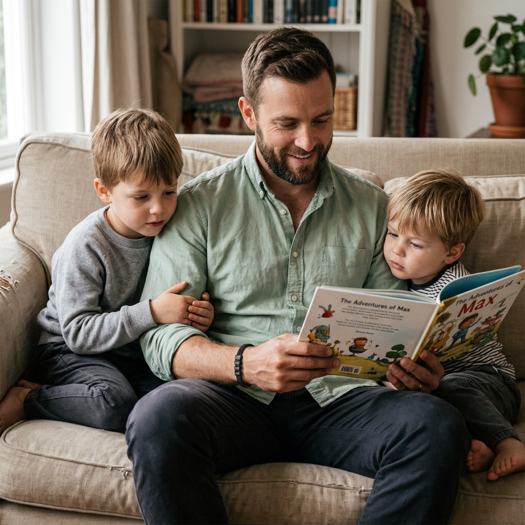 A father sits on a couch reading a book to his two young sons who are nestled beside him.