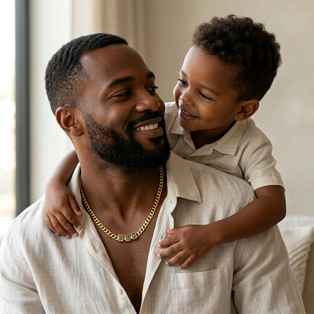 A smiling young boy hugs a man from behind, and they are looking at each other.