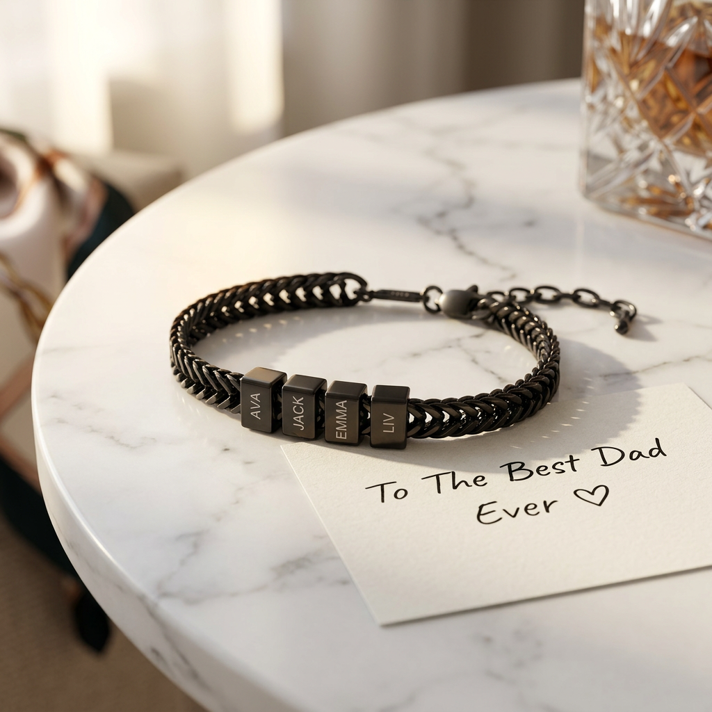 A personalized black bracelet with name beads rests on a card that reads 'To The Best Dad Ever'.