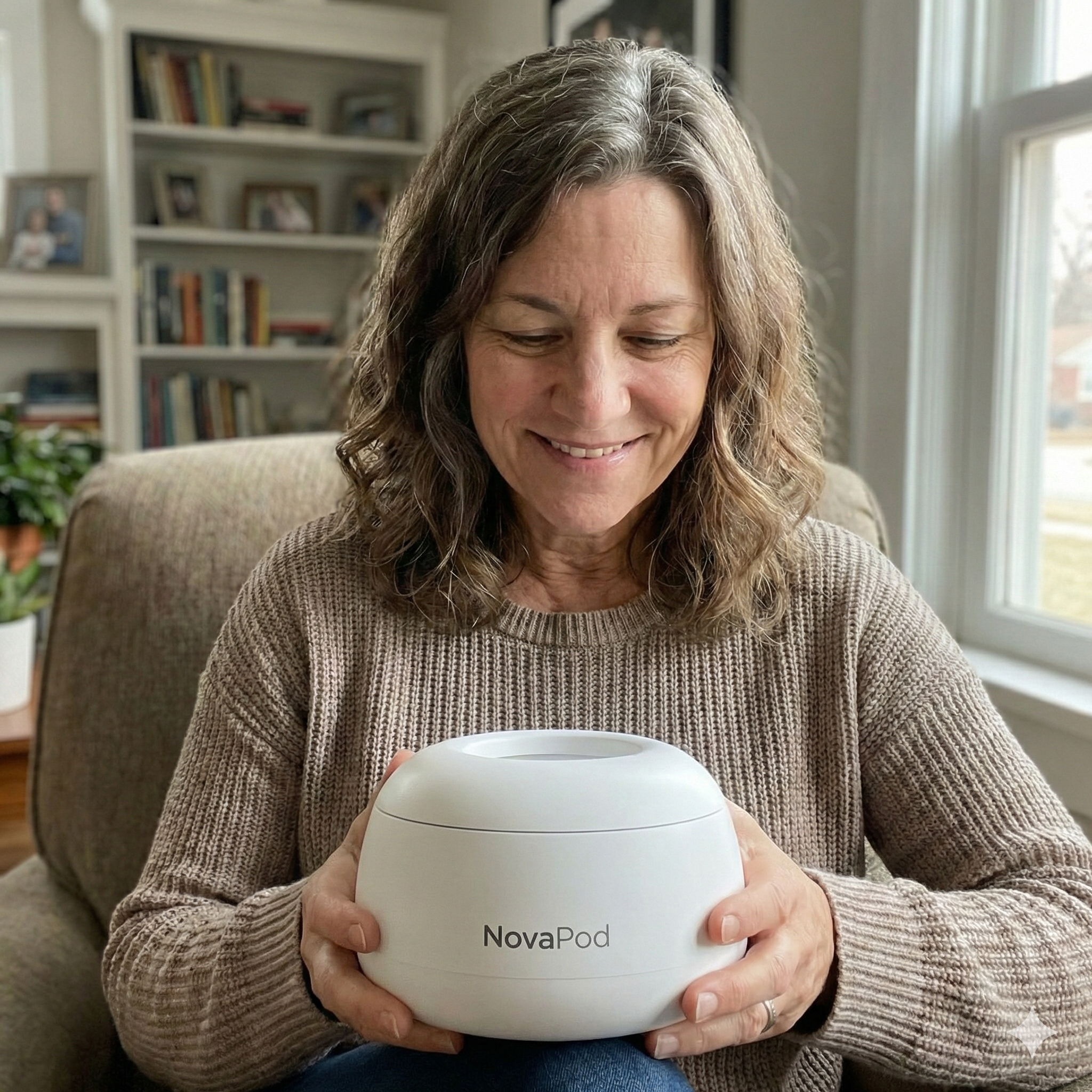 A smiling woman in a beige sweater sits holding a white pod-shaped device labeled 'NovaPod'.