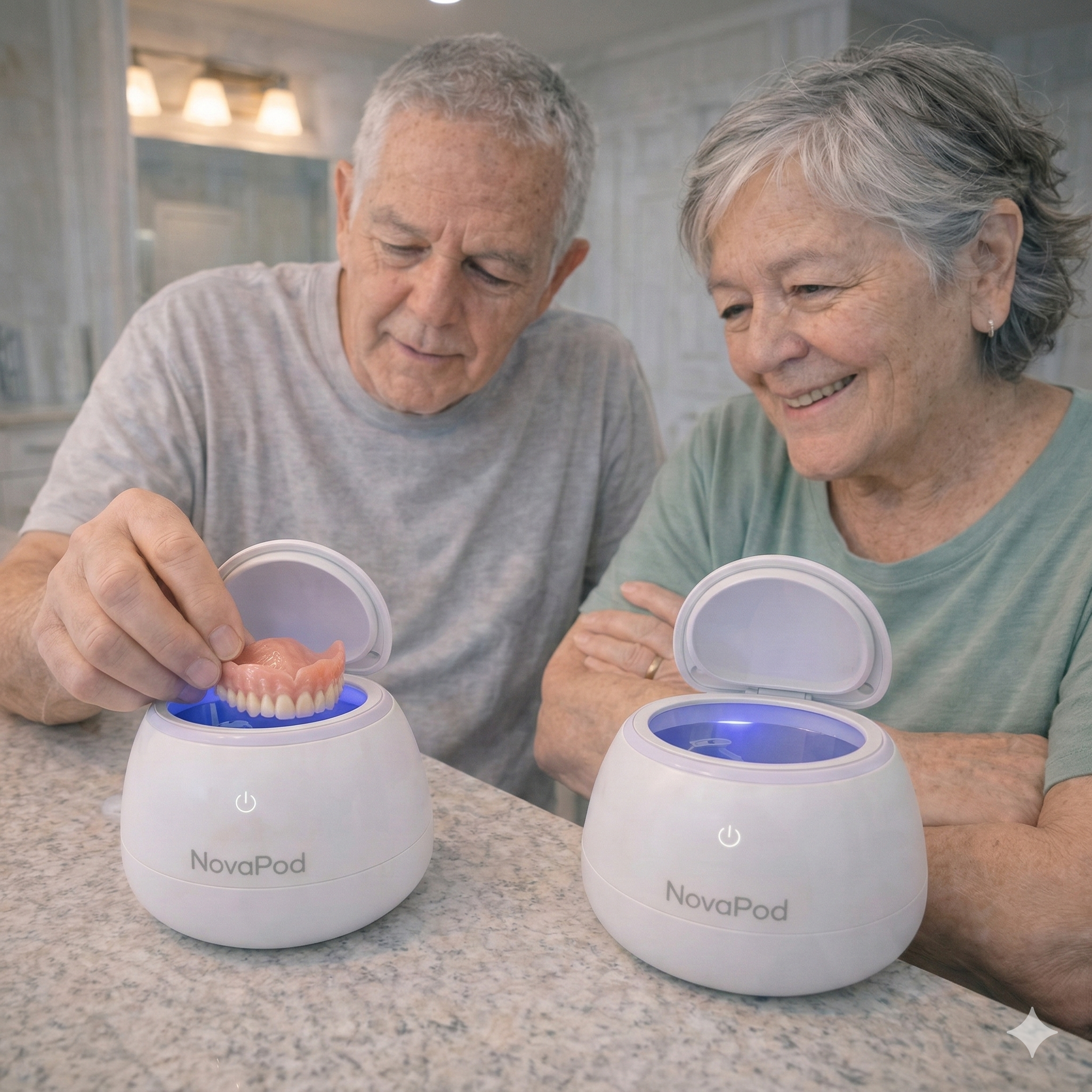 An older man places a set of dentures into a NovaPod cleaner as a woman watches.