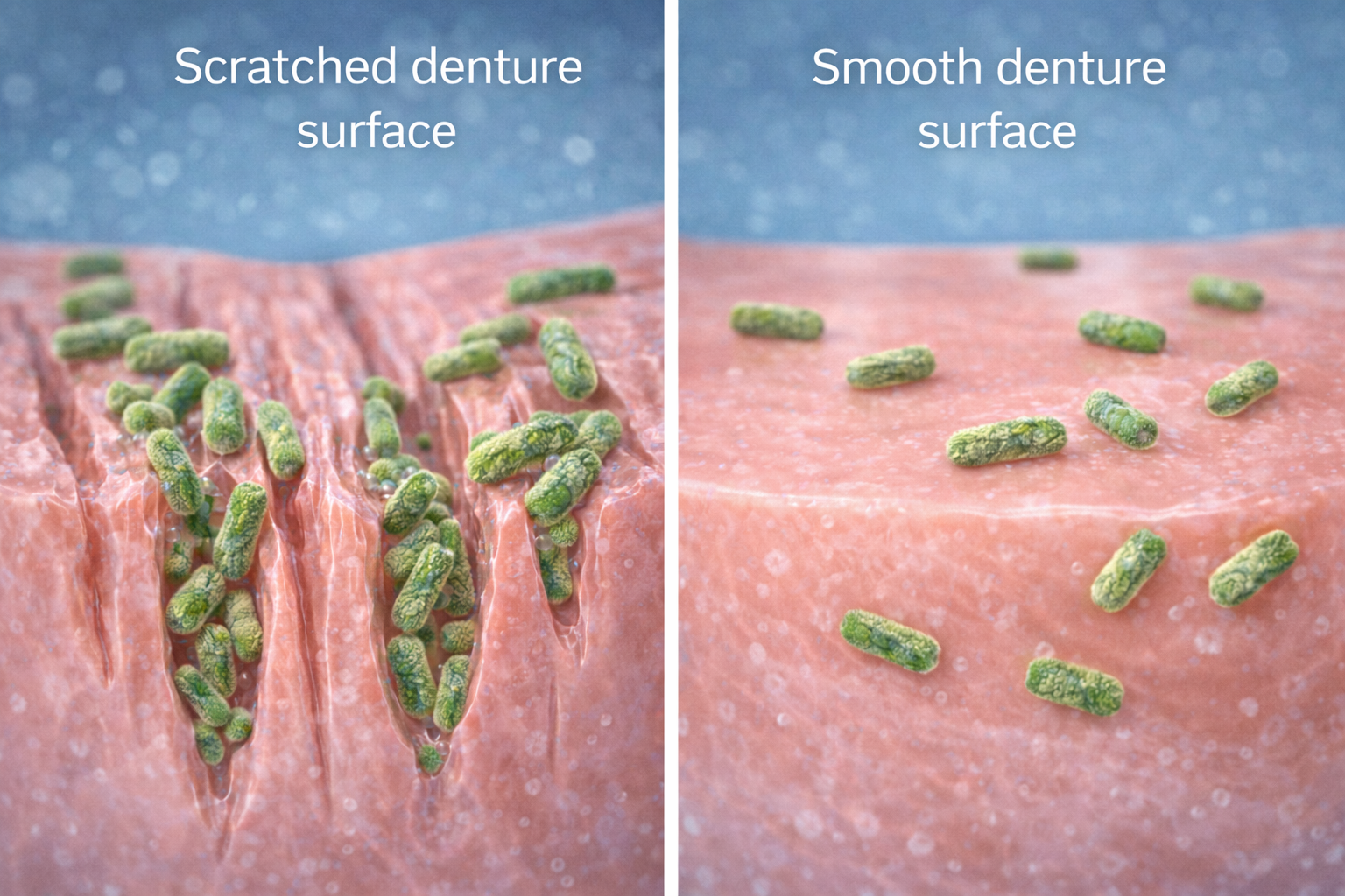 A side-by-side illustration comparing bacteria on a scratched denture surface versus a smooth denture surface.