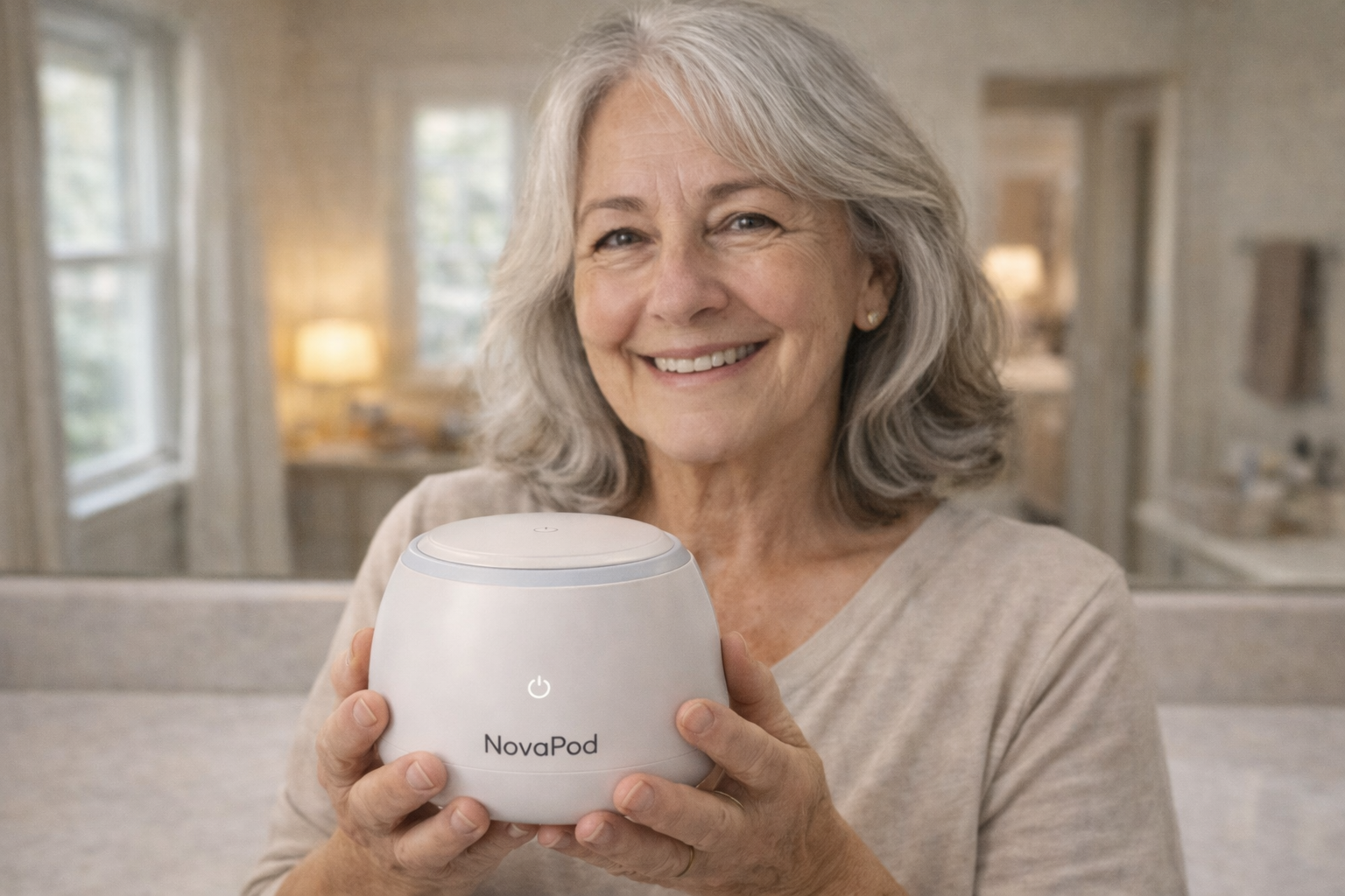 A smiling older woman with grey hair holds a white electronic device called the NovaPod.