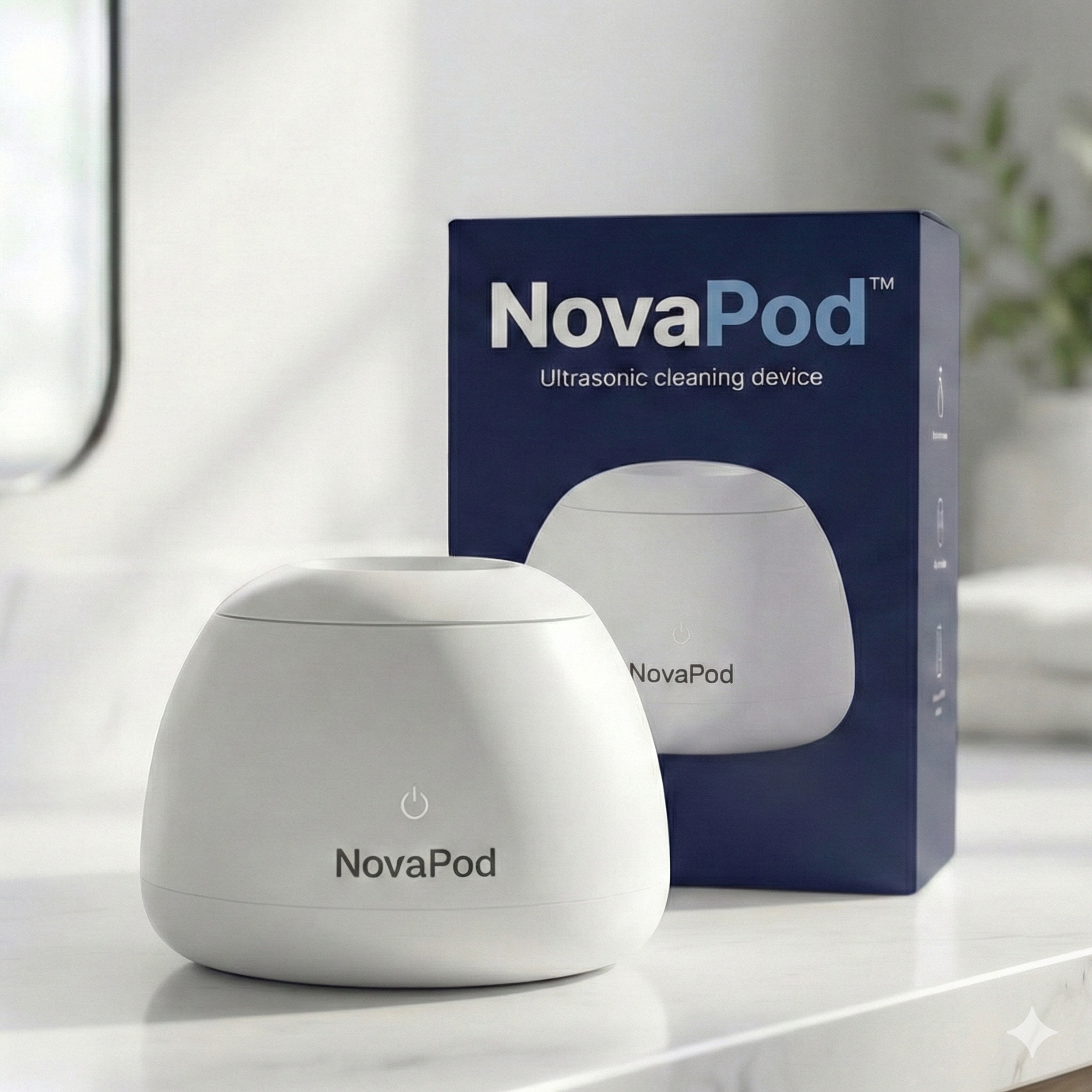 A white NovaPod ultrasonic cleaning device sits on a marble countertop in front of its blue packaging.