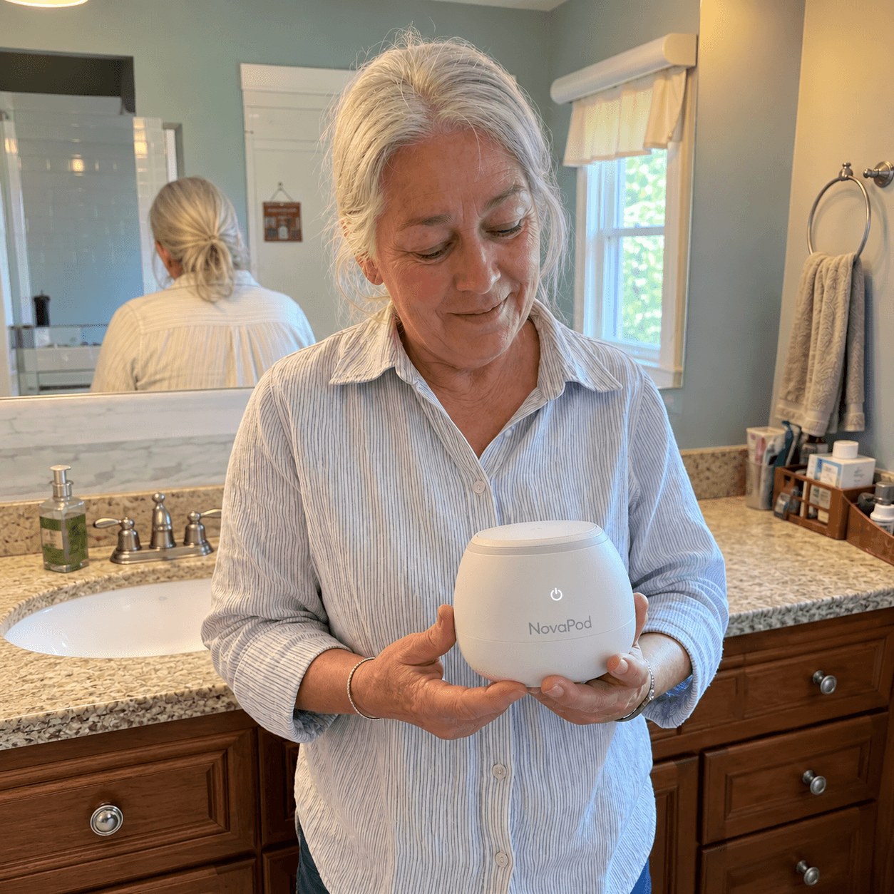 A woman with gray hair stands in a bathroom holding a small, white electronic device called NovaPod.
