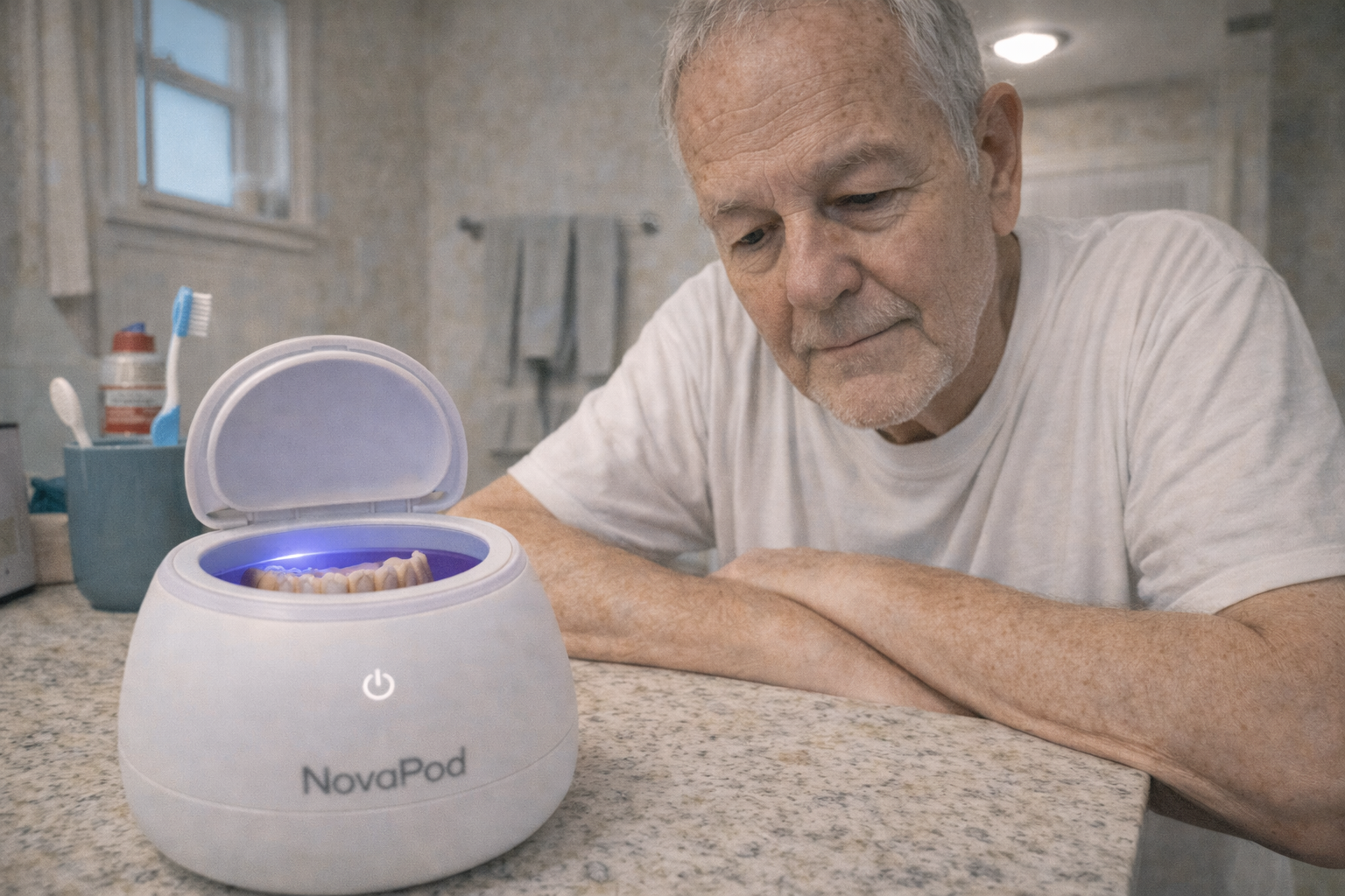 An older man looks down at a set of dentures in an open, glowing NovaPod cleaning device.