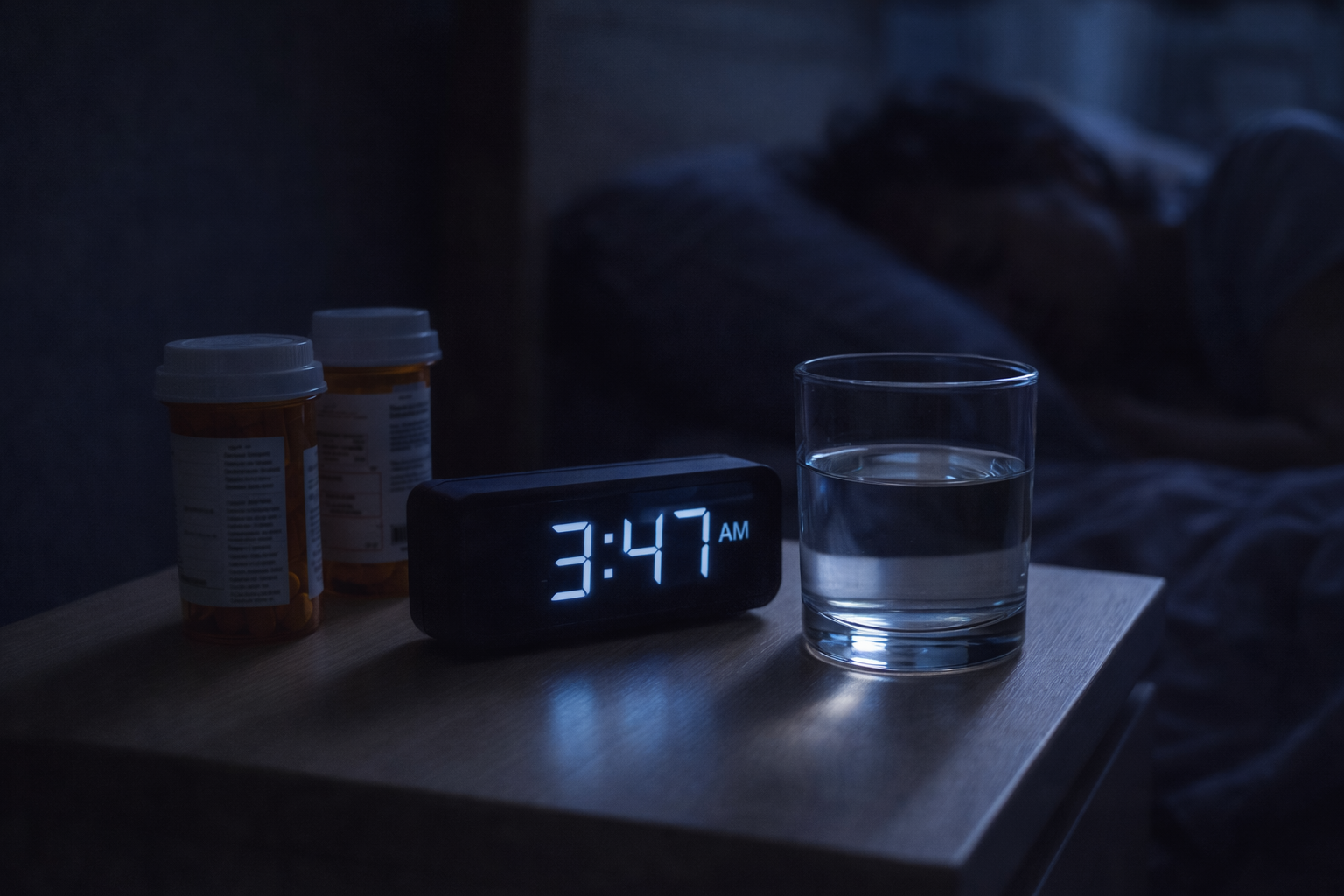 A nightstand at 3:47 AM with a clock, water, and pill bottles next to a sleeping person.