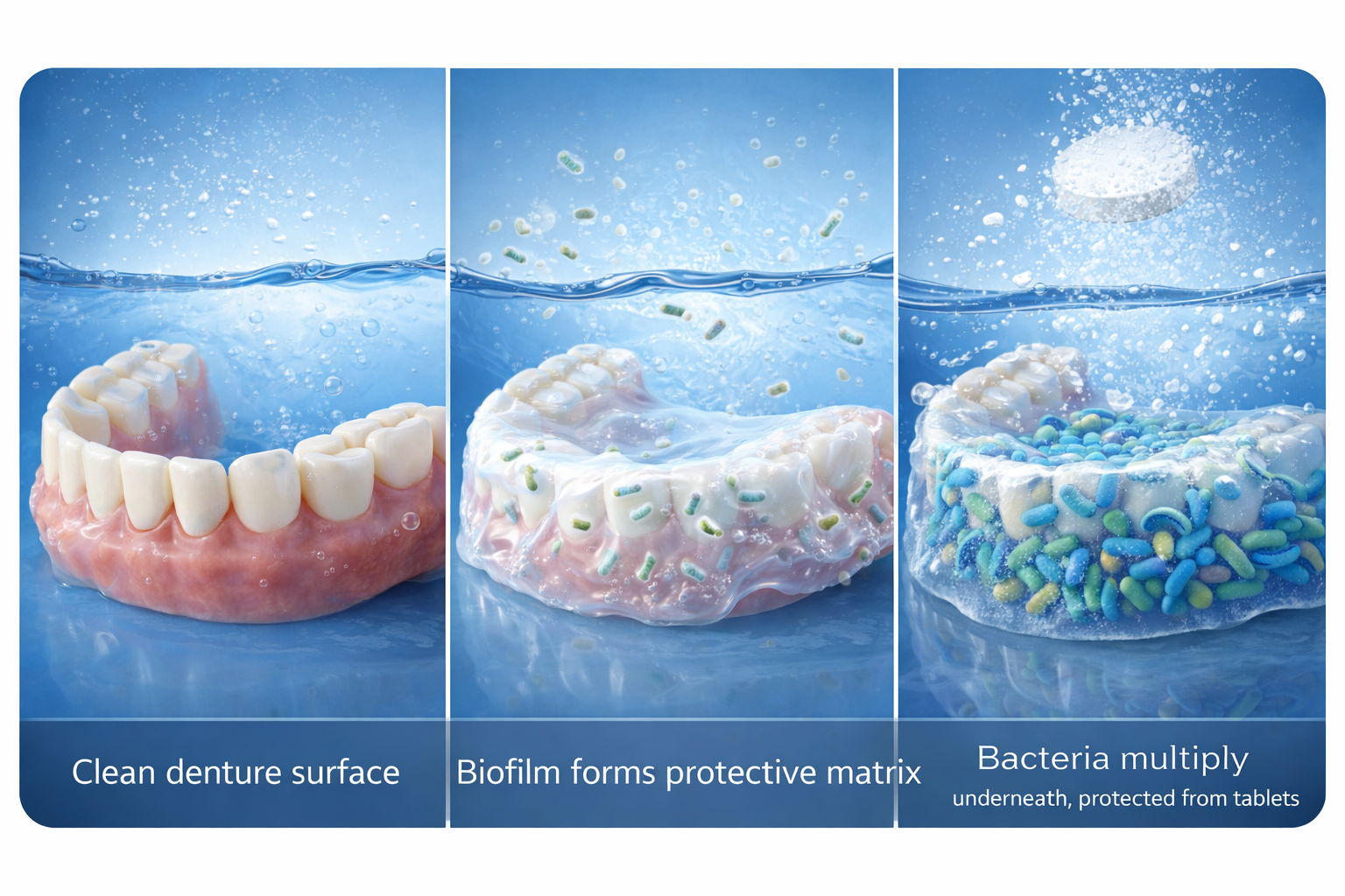 A three-panel diagram showing bacteria and biofilm forming on dentures in water, protecting them from cleaning tablets.