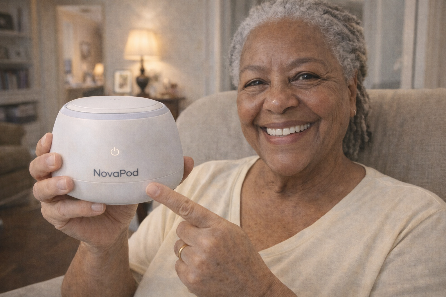 A smiling older woman with gray hair holds and points to a small white electronic device labeled NovaPod.