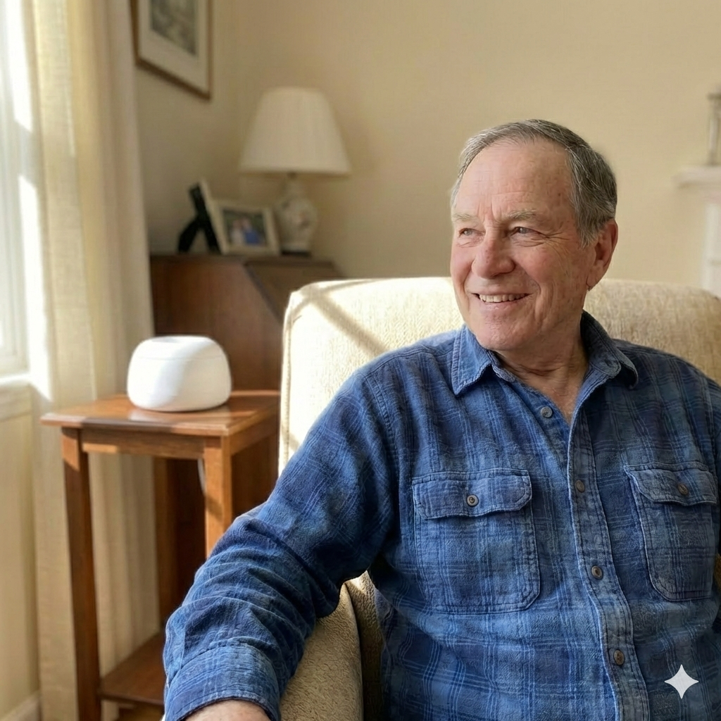 A smiling man in a blue plaid shirt sits in a chair in a sunlit room.