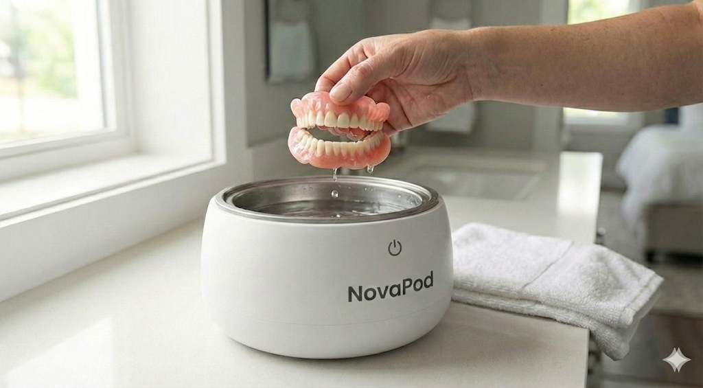 A hand lowers a full set of dentures into a white NovaPod ultrasonic cleaner filled with water.
