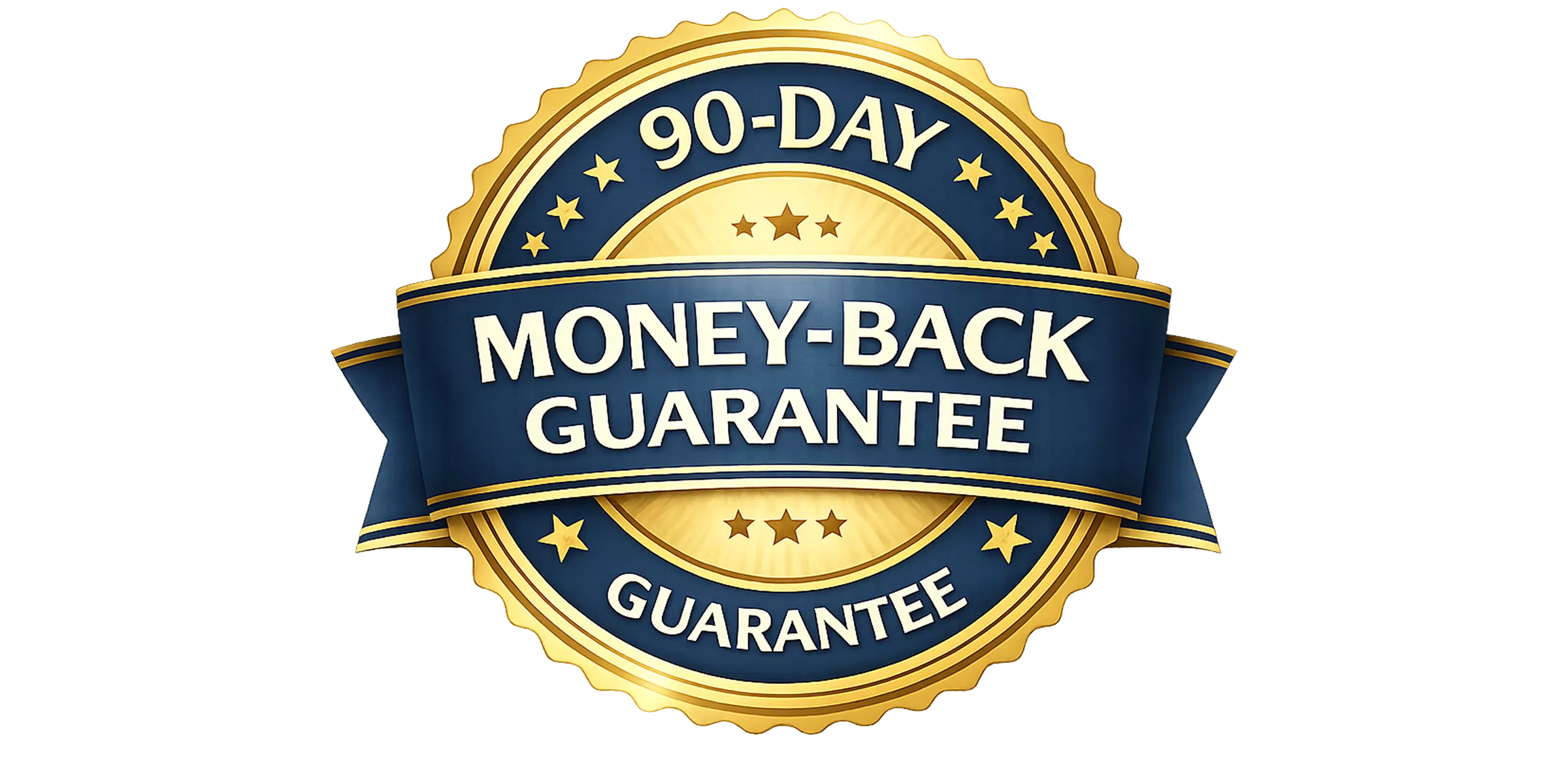 A gold and blue seal that reads '90-Day Money-Back Guarantee'.