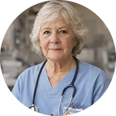 A circular portrait of an older woman with gray hair, wearing blue scrubs and a stethoscope.