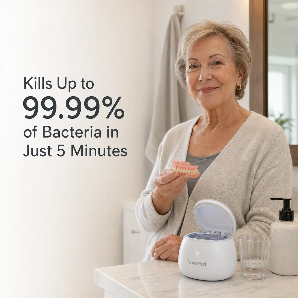 A woman holds dentures next to a NovaPod cleaning device on a bathroom counter.