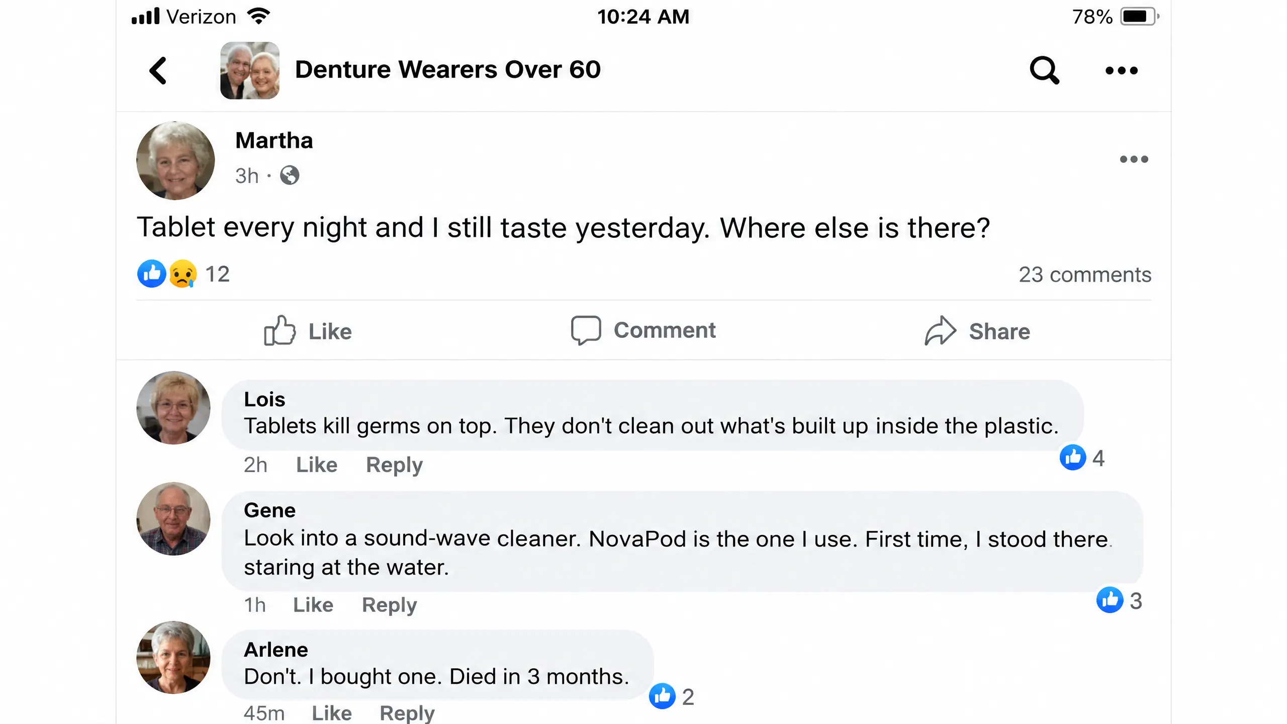 A screenshot of a Facebook post and comments from the group 'Denture Wearers Over 60'.