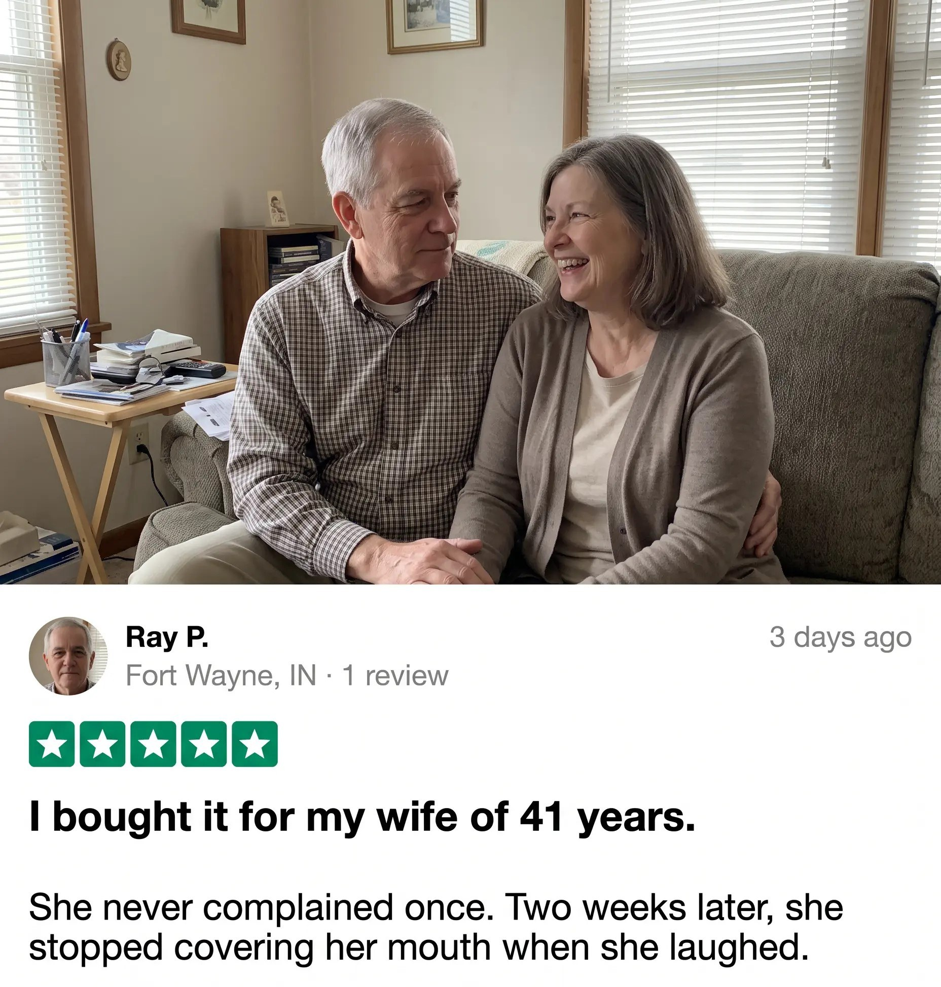 A customer review showing an older couple smiling happily at each other on a couch.