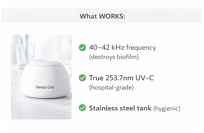 Image of the Dental Orb product with a list of its features: frequency, UV-C, and stainless steel tank.