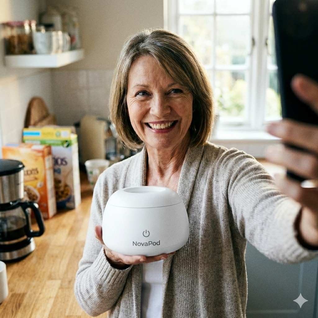 A smiling woman in a kitchen takes a selfie while holding a white electronic device called a NovaPod.