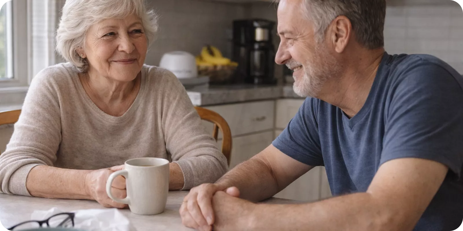 An older man and woman are smiling and talking at a kitchen table, the woman is holding a mug.