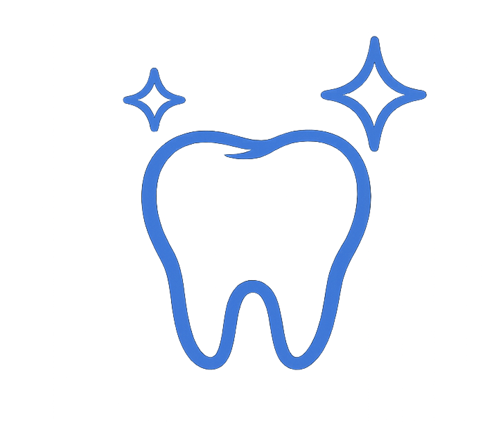 A blue icon of a tooth with sparkles on a white background.
