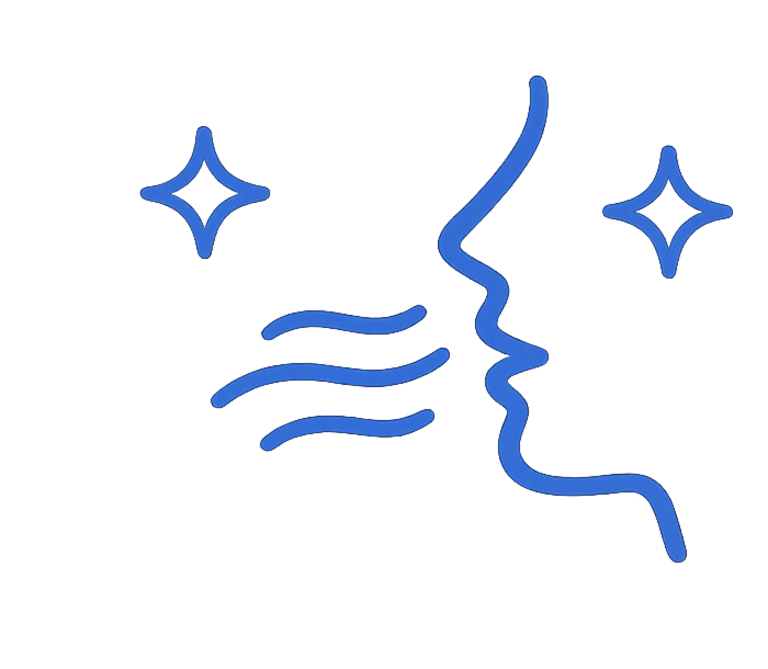 A blue line drawing of a face in profile with wavy lines and sparkles, indicating fresh breath.