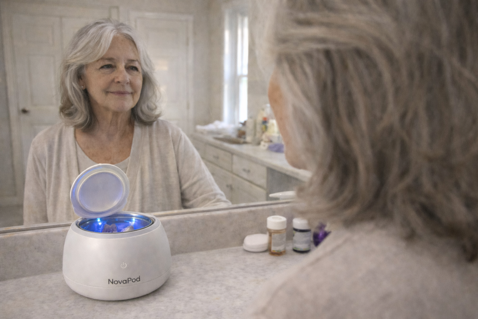 A woman with gray hair looks at her reflection in a mirror, with a NovaPod device on the counter.