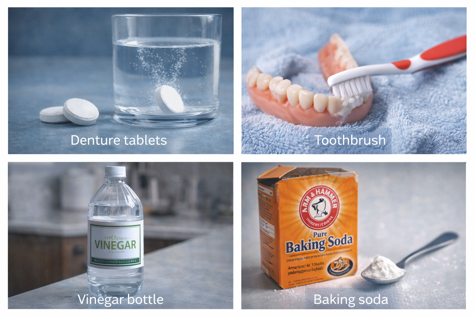 A four-panel image shows denture tablets, a toothbrush cleaning dentures, a vinegar bottle, and baking soda.
