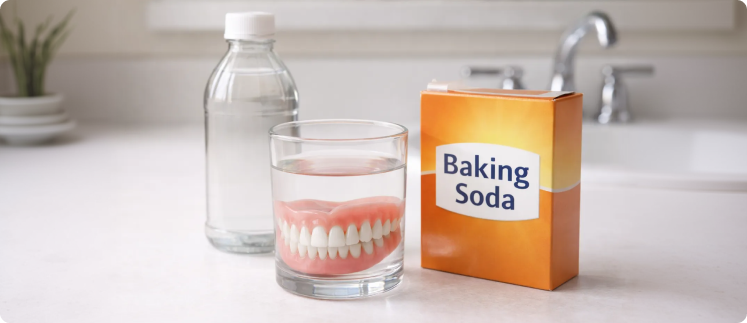 A four-panel image shows denture tablets, a toothbrush cleaning dentures, a vinegar bottle, and baking soda.