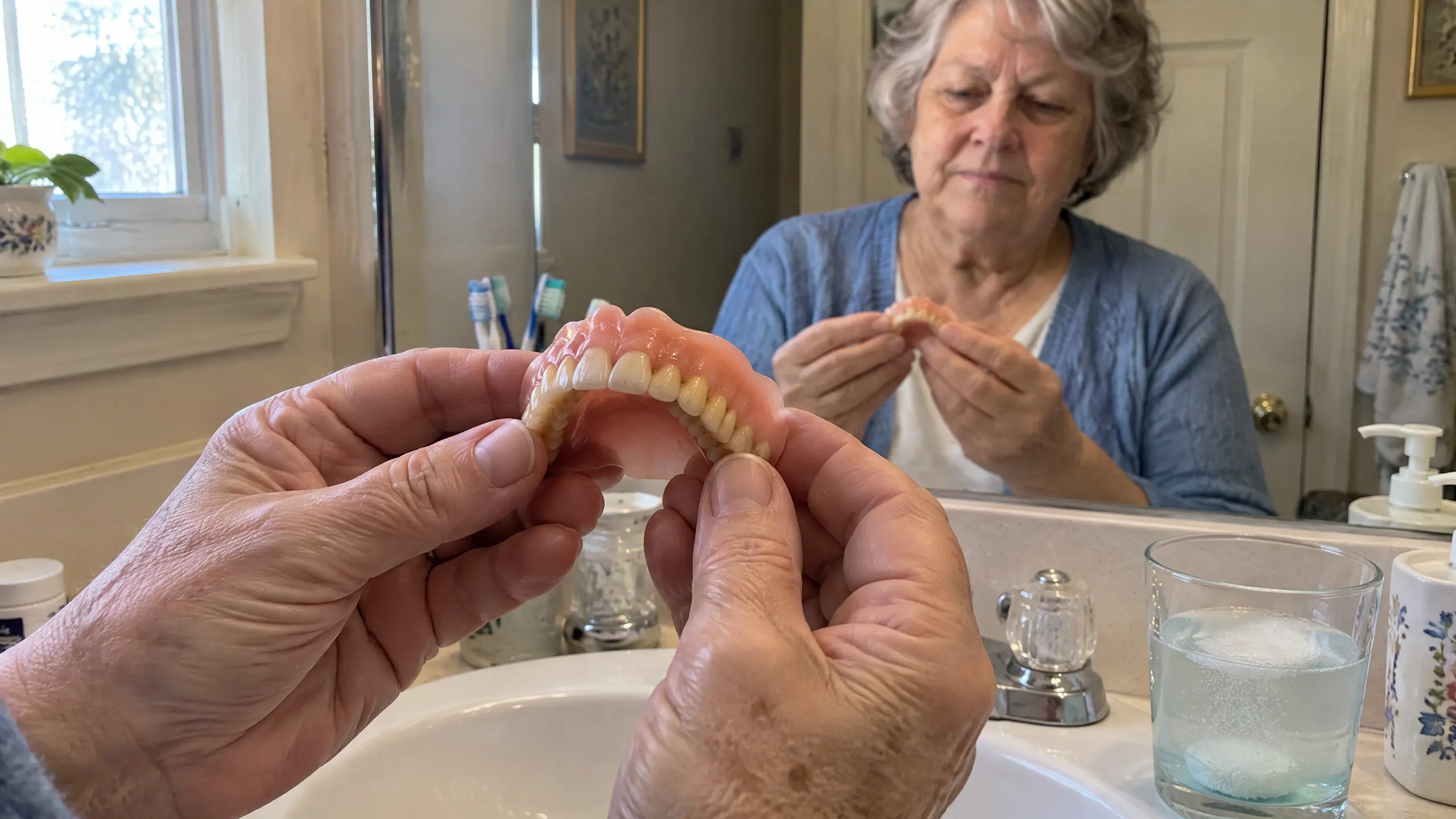 A person holds a set of dentures over a bathroom sink, with their reflection in the mirror.