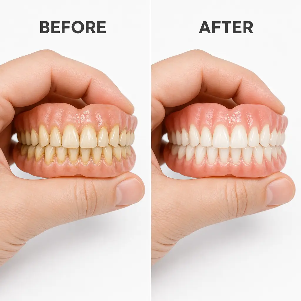A before-and-after image showing stained dentures on the left and clean, white dentures on the right.