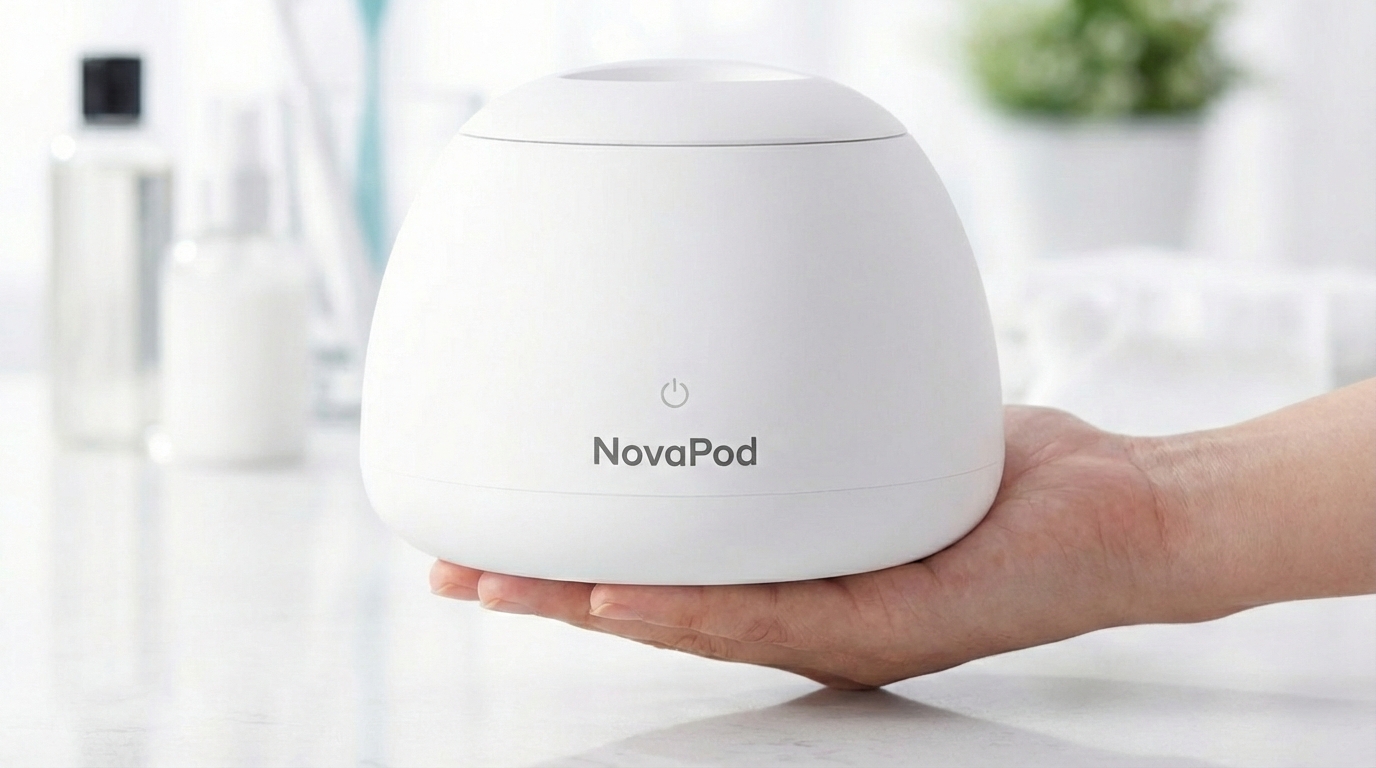 A white NovaPod ultrasonic cleaning device sits on a marble countertop in front of its blue packaging.