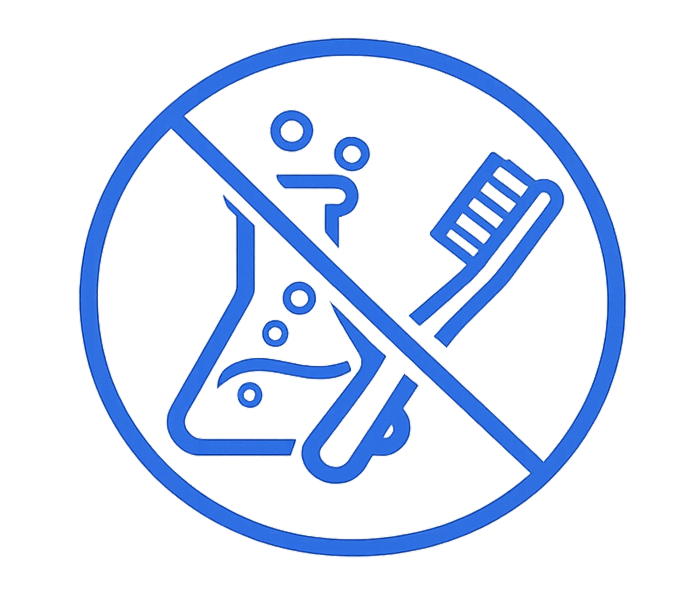 A blue icon of a science beaker and a toothbrush inside a circle with a line through it.