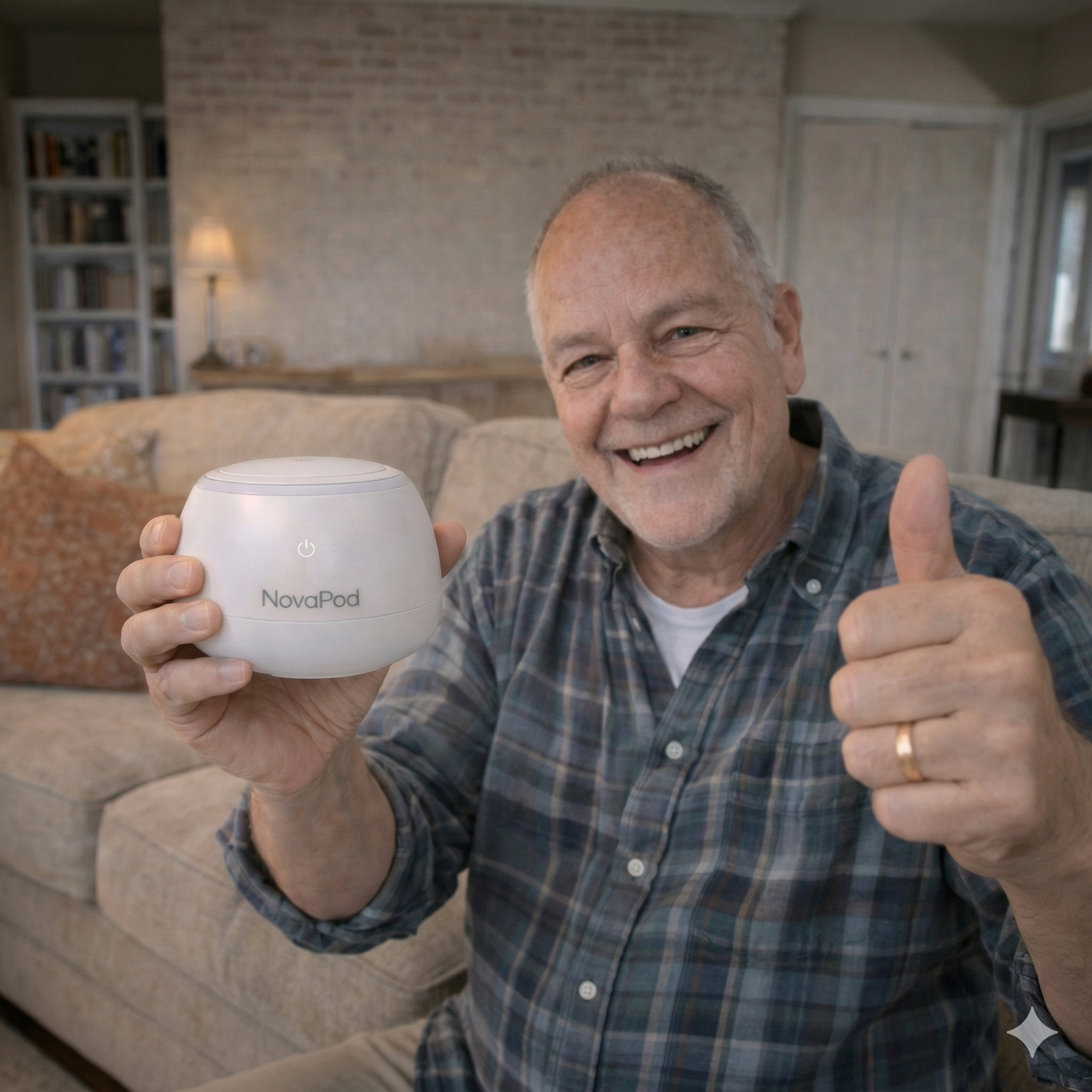 A smiling man on a couch holds a white NovaPod device and gives a thumbs-up.