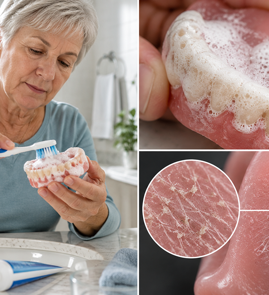 A collage showing a woman brushing dentures and close-up views of the denture material and cleaning foam.