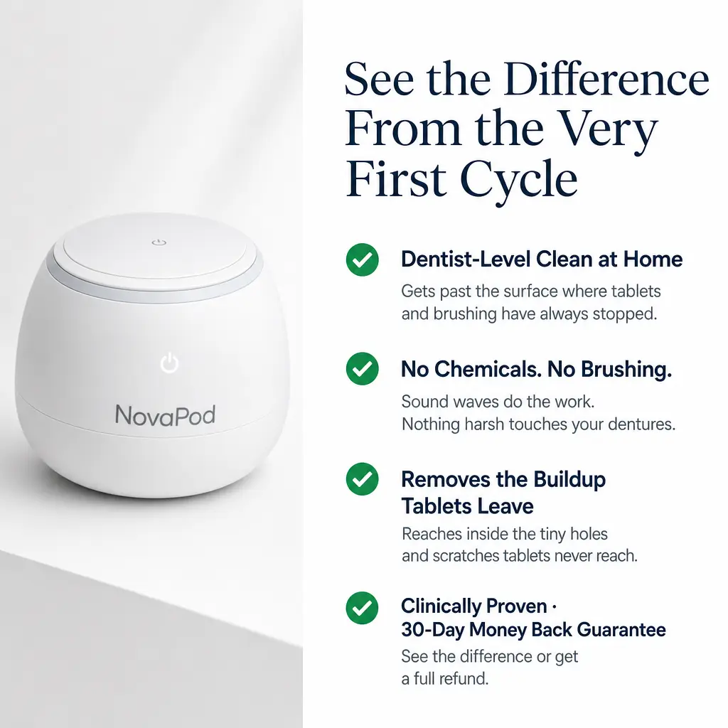 A white NovaPod cleaning device next to a list of its features and benefits against a white background.