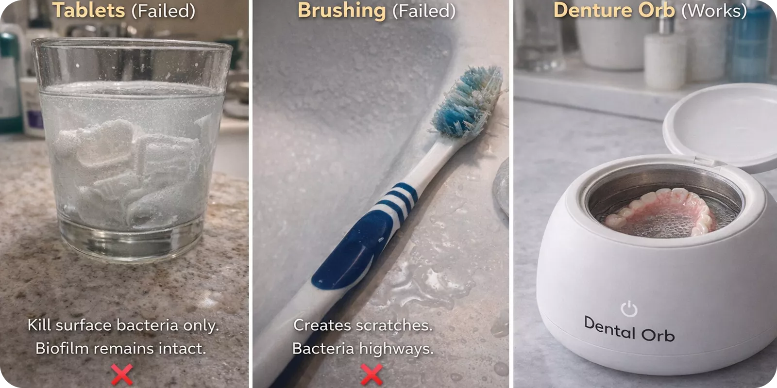 A three-panel comparison of denture cleaning methods: tablets, brushing, and a Dental Orb ultrasonic cleaner.