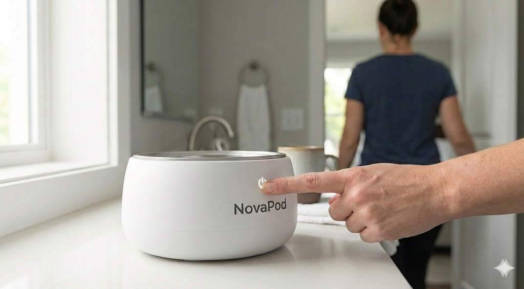 A person's finger presses the power button on a white NovaPod device sitting on a countertop.