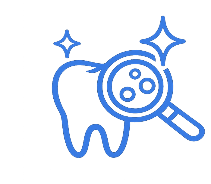 A blue icon of a sparkling tooth being examined with a magnifying glass.