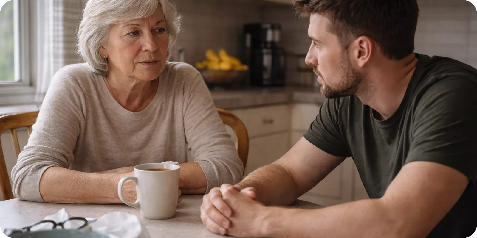 An older woman and a younger man sit at a kitchen table, engaged in a serious conversation.