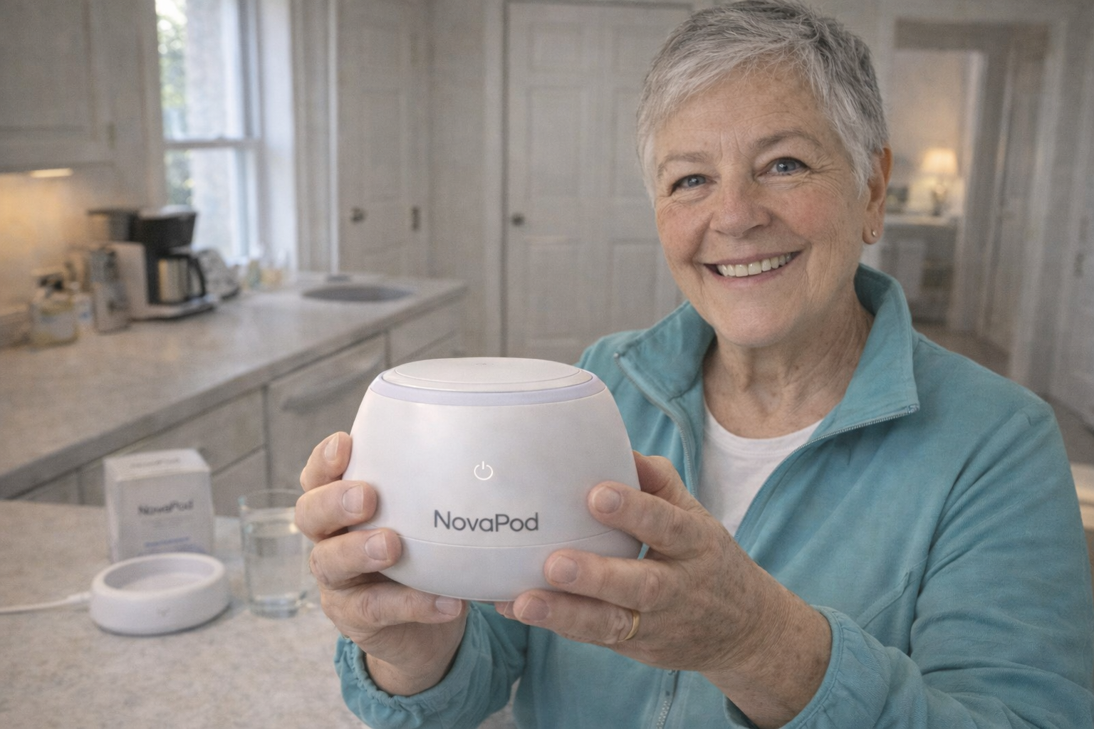 A smiling older woman with short gray hair holds a white electronic device called a NovaPod in a kitchen.