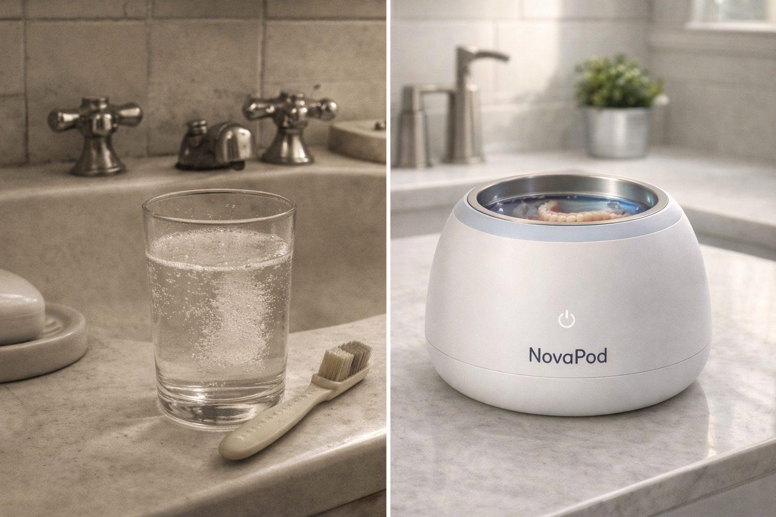 A side-by-side comparison of old-fashioned denture cleaning versus cleaning in a modern NovaPod device.