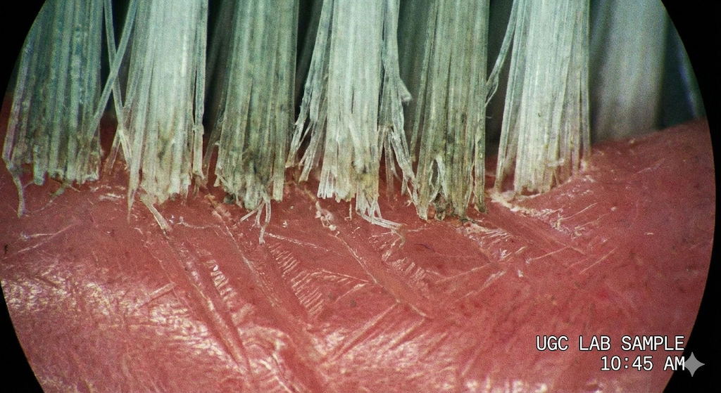 A microscopic, close-up view of worn brush bristles on a textured, pinkish-red surface.