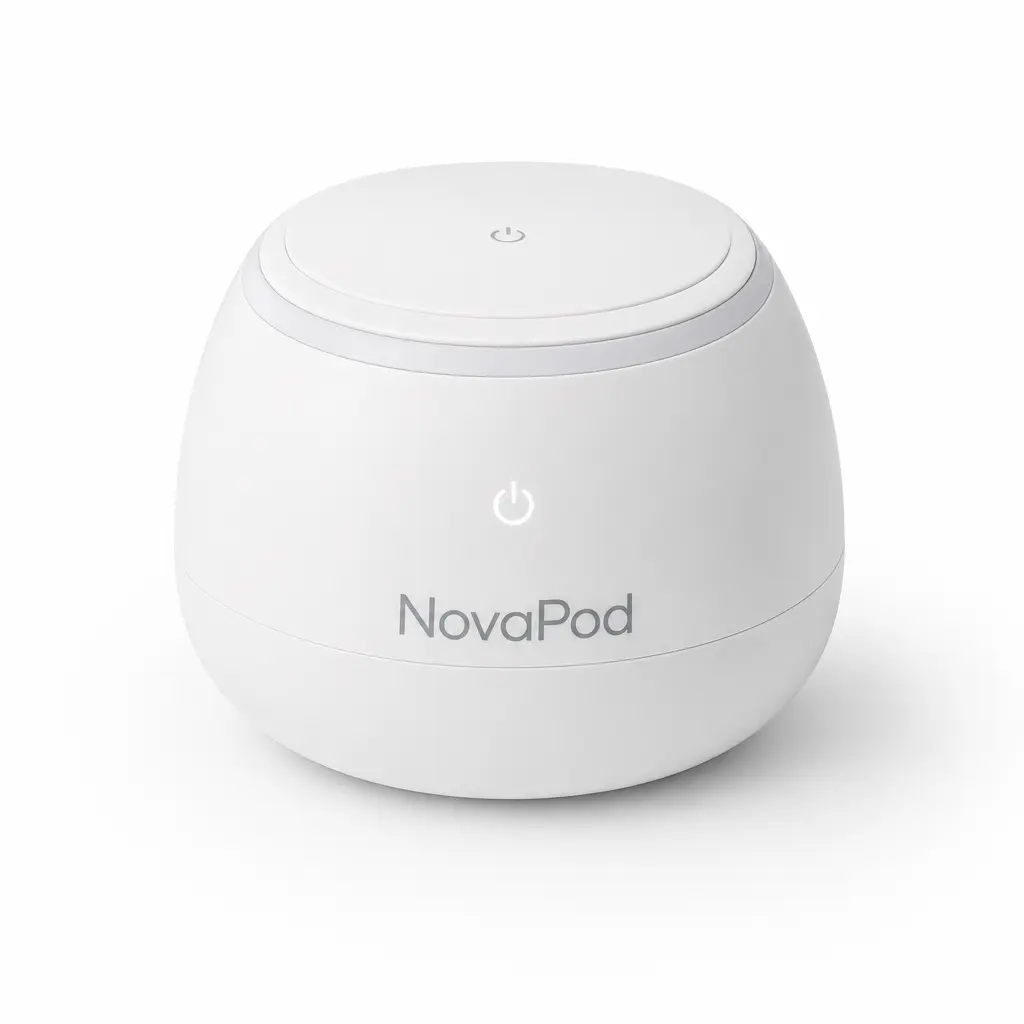 A white, round electronic device labeled 'NovaPod' with a glowing power button, on a white background.