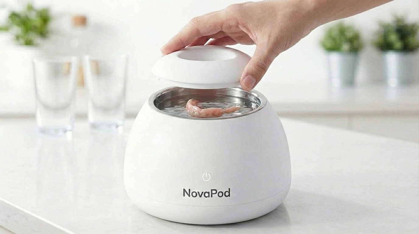 A hand lifting the lid off a white NovaPod ultrasonic cleaner with a dental retainer inside.