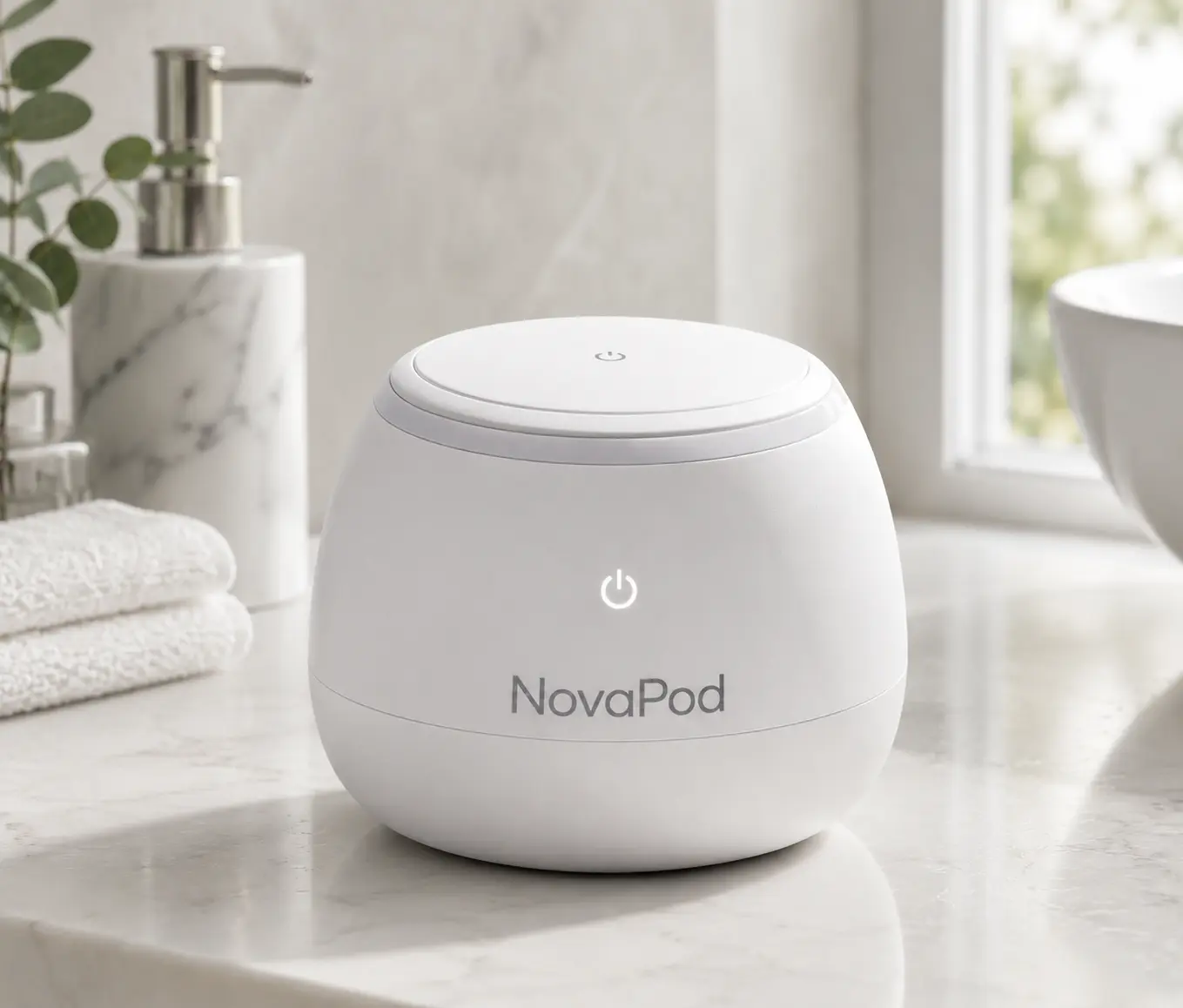 A white NovaPod device sits on a marble bathroom countertop next to a soap dispenser and folded towels.